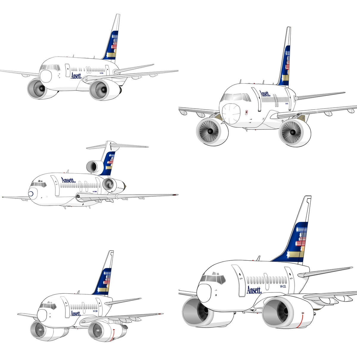 Ansett set of 5 Shooting Stars livery 14cm caricature stickers, B767, B727, B737-200, B737-300, A320