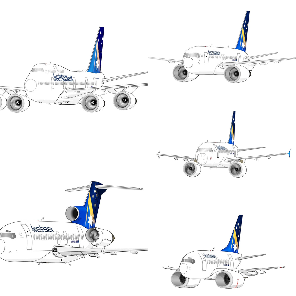 Ansett Australia set of 5 Starmark livery 14cm caricature stickers, B747, B767, B727, B737, A320