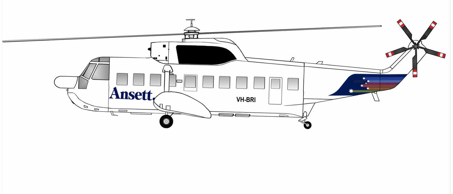 Ansett Sikorsky S61N Helicopter VH-BRI 1980s Shooting Star livery 20cm side profile sticker.