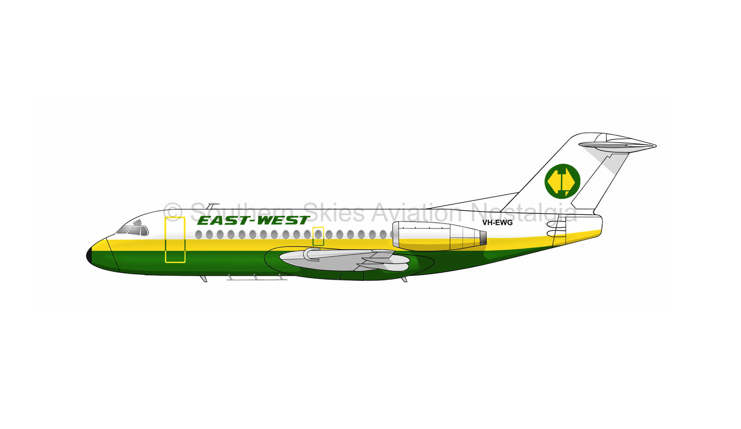East-West Airlines Fokker F-28-3000 VH-EWG (Caricature or Side Profile)