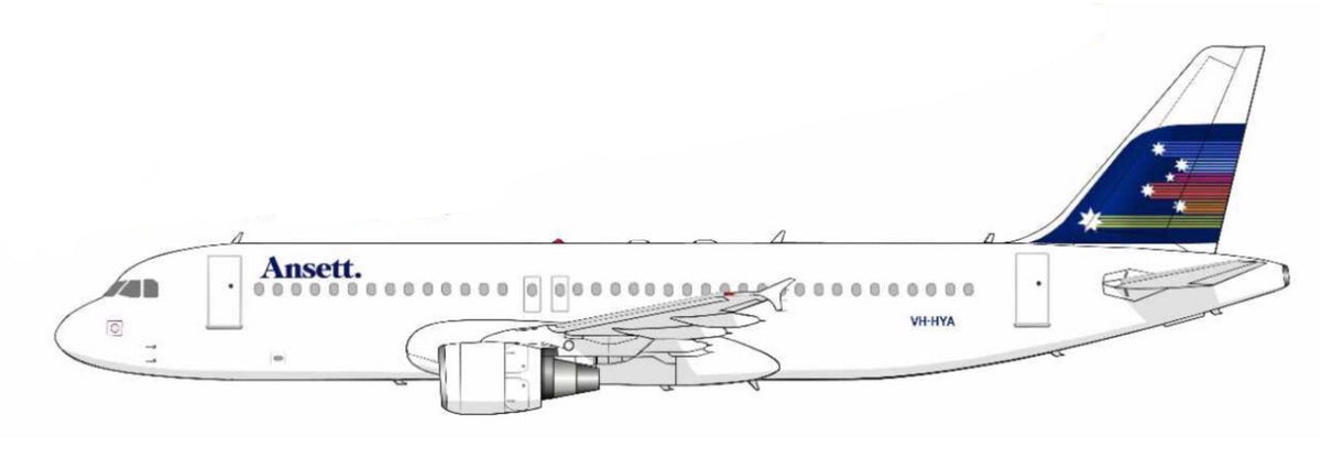 Ansett Airbus A320 VH-HYA Shooting stars livery 20cm side profile sticker.