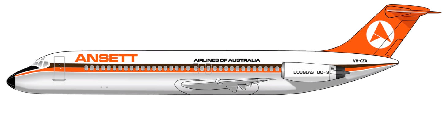 Ansett Douglas DC9-30 VH-CZA 1970s Delta livery 20cm side profile sticker.