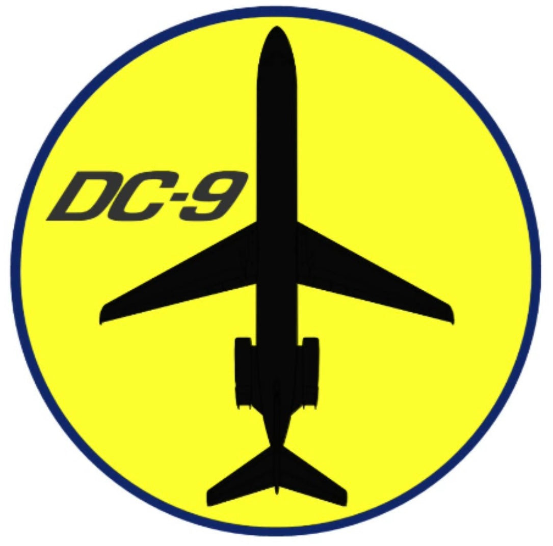 McDonnell Douglas DC-9 yellow top down profile 9cm round sticker.