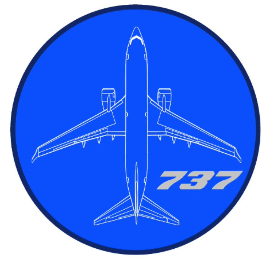 Boeing 737-800 blue top down profile 9cm round sticker.