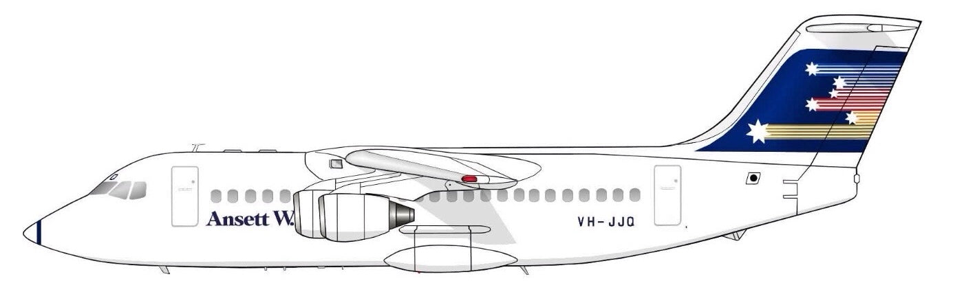 Ansett WA BAe 146-200 “Shooting Stars livery” VH-JJQ PVC side profile cutout.