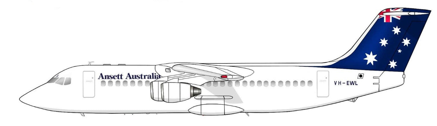 Ansett Australia BAe 146-300 “1990 deregulation flag livery” VH-EWL PVC side profile cutout.