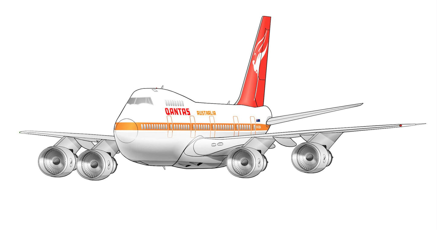 Qantas Boeing 747-200 VH-EBA 1970's ochre livery 14cm caricature sticker.