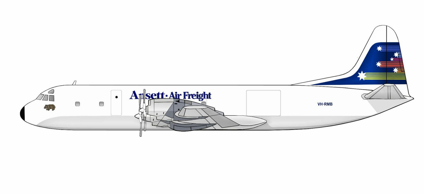 Ansett Air Freight Lockheed L188 Electra VH-RMB 1980s Shooting Stars livery. 20cm side profile sticker.