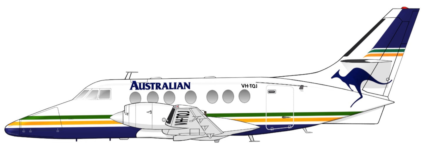 Australian Airlines Regional J31 Jetstream VH-TQJ 20cm side profile sticker.