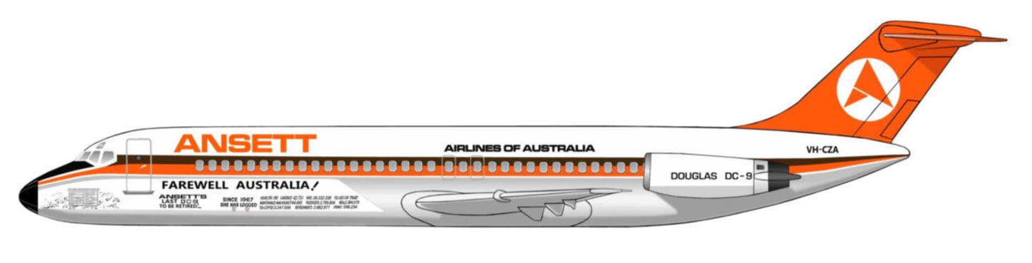 Ansett Douglas DC9-30 VH-CZA 1970s Delta livery “Farewell Australia” titles 20cm side profile sticker.