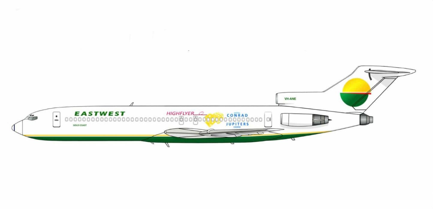 East West Airlines Boeing 727-277 VH-ANE Highflyer Jupiter’s Casino livery side profile PVC cutout.