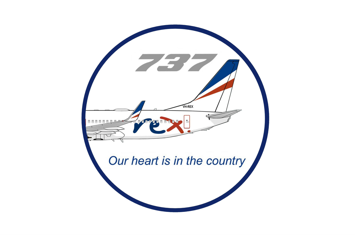 REX Boeing 737-800 VH-REX rear tail section "Our heart is in the country" 10cm round sticker.