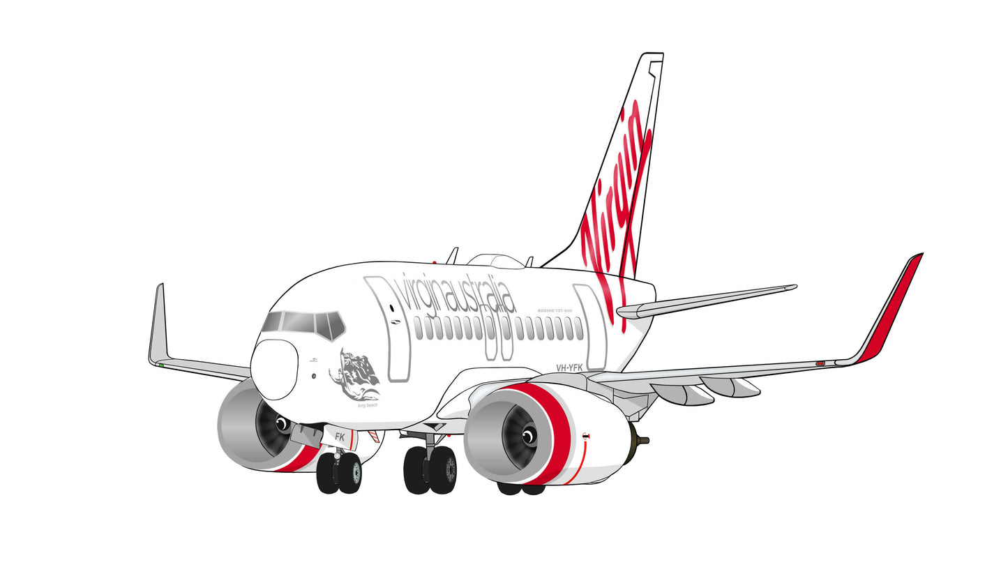 Virgin Australia Boeing 737-800 VH-YFK Version 2 wheels down 14cm caricature sticker.