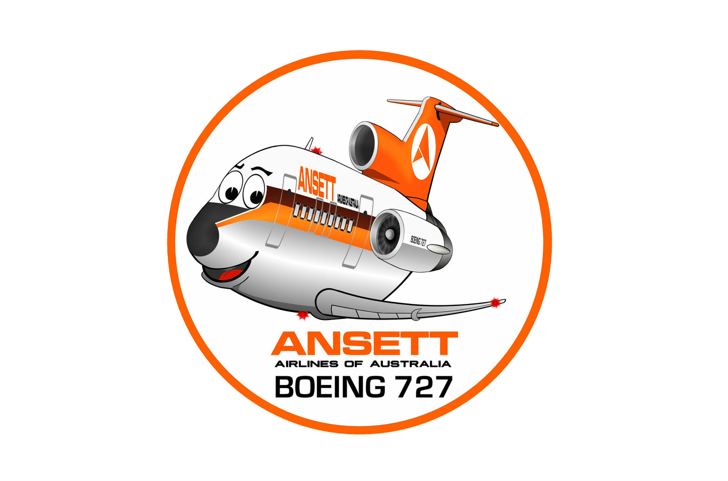 Ansett Airlines Of Australia Boeing 727-277 1970s Delta livery 10 cm round smiley face caricature sticker.