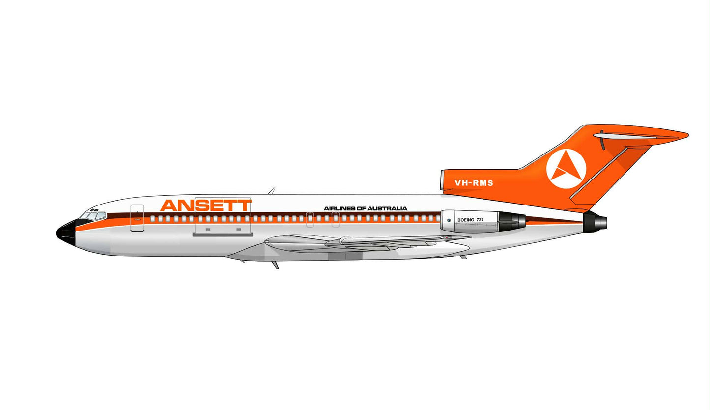 Ansett Boeing 727-77 VH-RMS 1970s Delta livery black nosecone PVC side profile cutout.