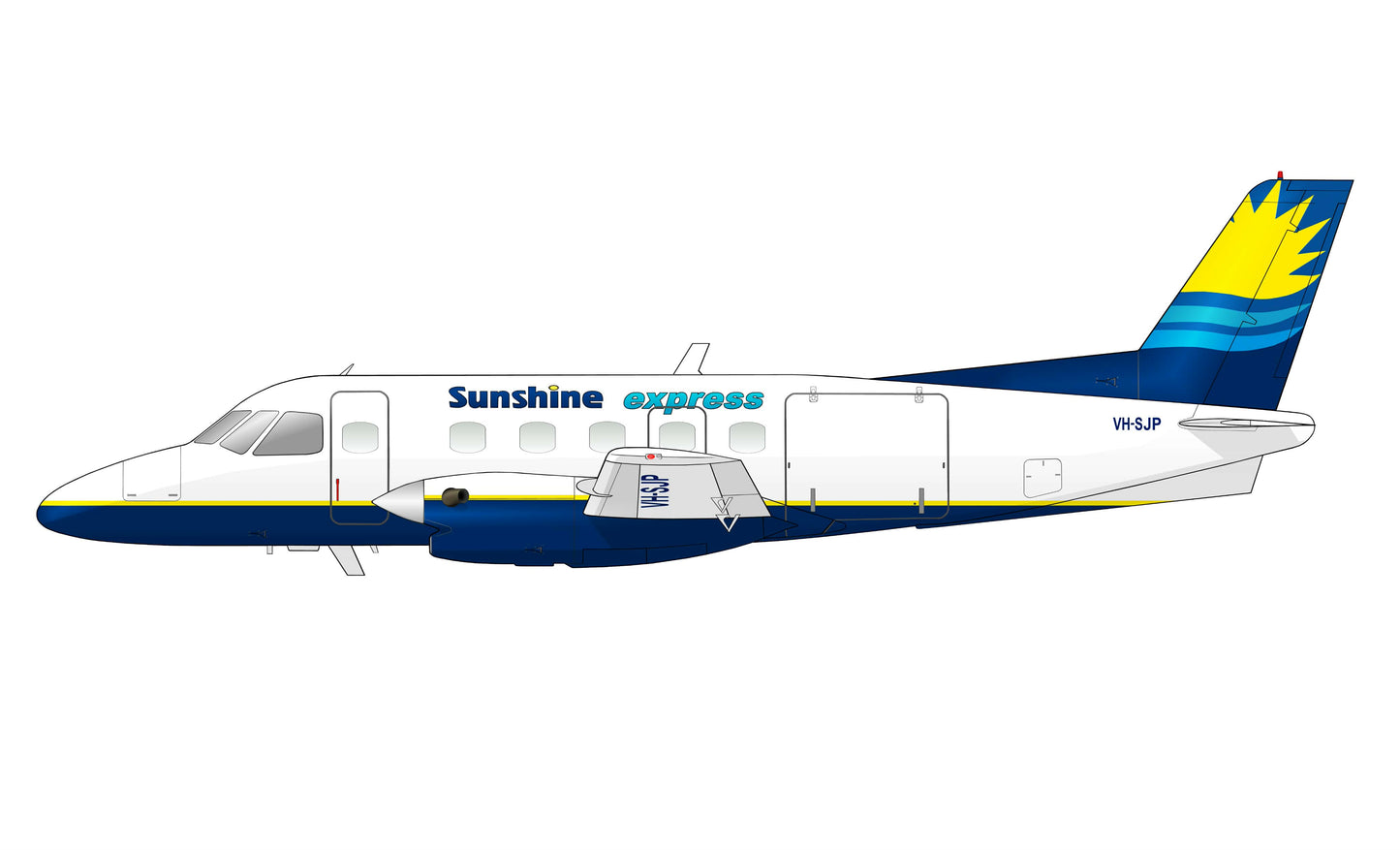 Sunshine Express Embraer E110 Bandeirante VH-SJP PVC side profile cutout.