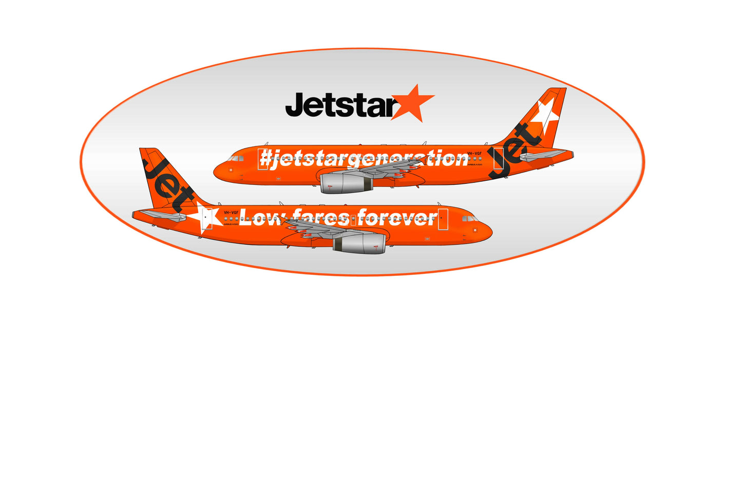 Jetstar Airbus A320 VH-VGF Jaffa livery, both sides 20cm oval profile sticker.