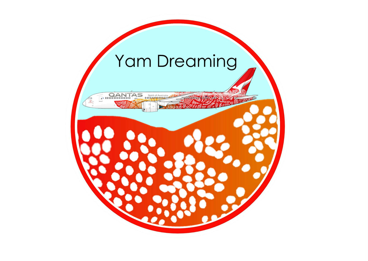QANTAS Boeing 787-9 VH-ZND Balarinji “Yam Dreaming” blue background round sticker.