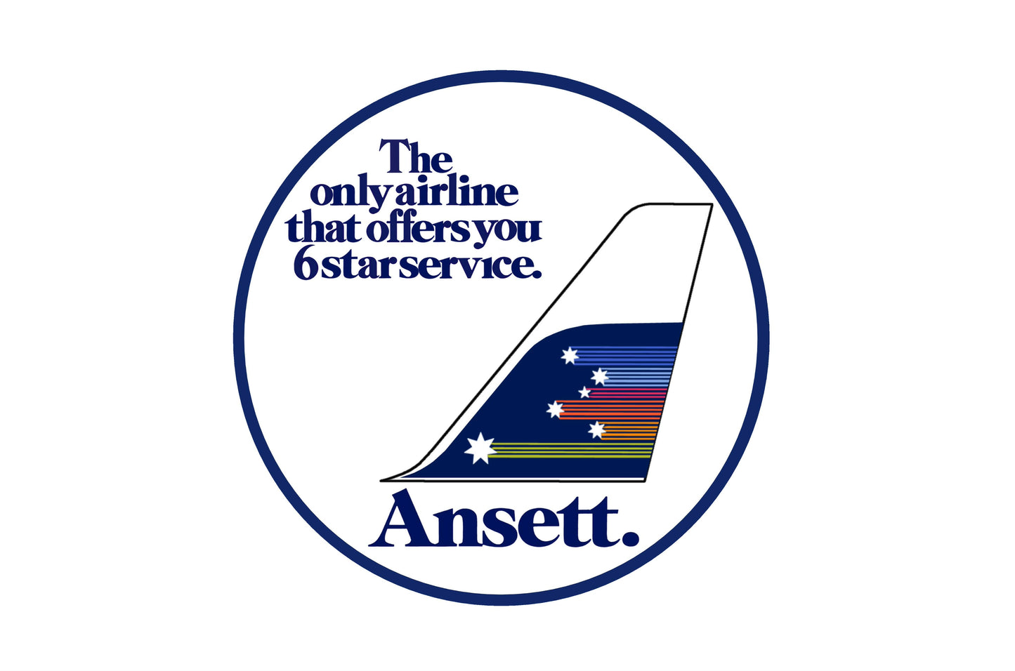 Ansett. 1981 tail Shooting stars livery "The only airline that offers you 6 star service" 10cm round sticker.