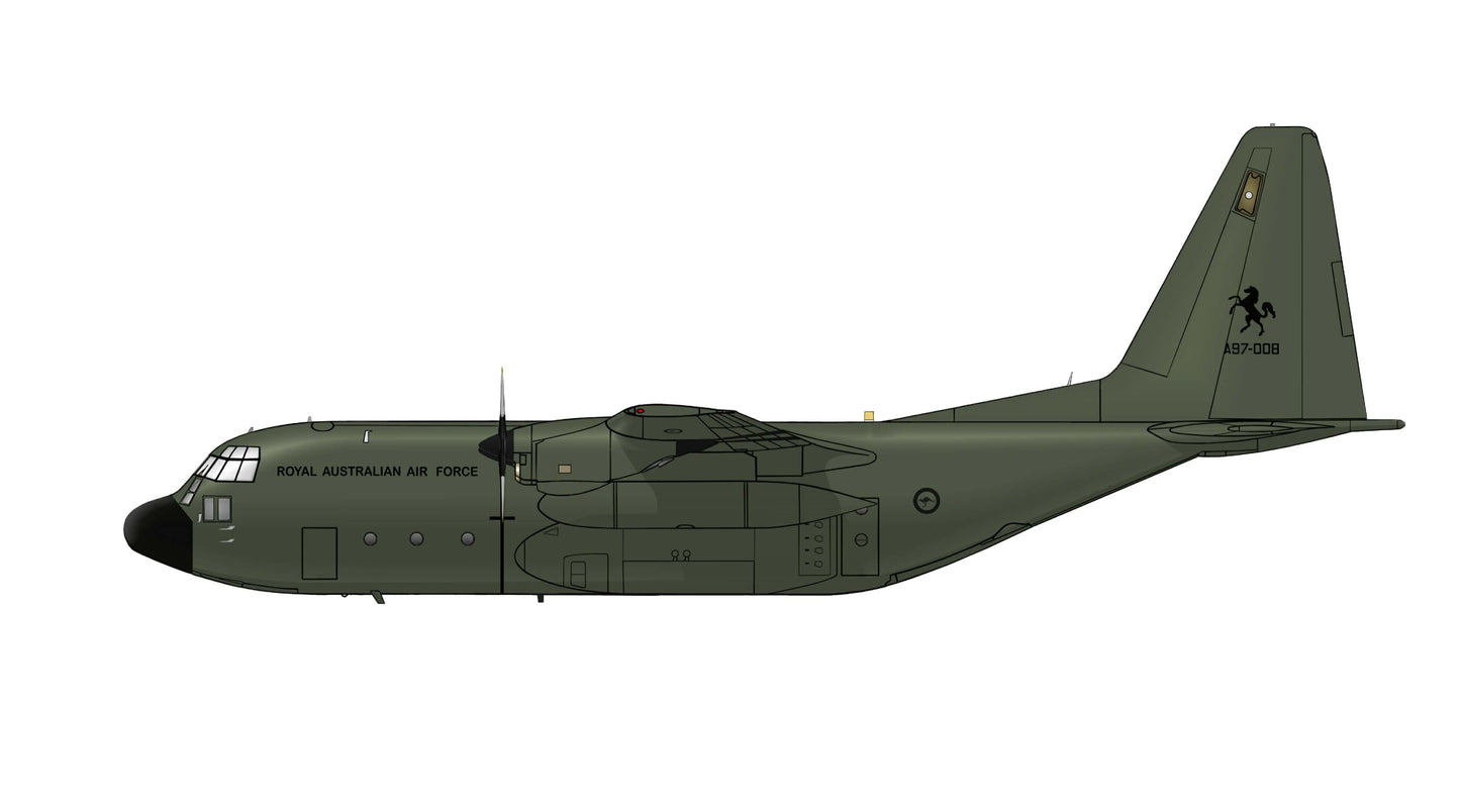 RAAF C-130H Hercules A97-008 36SQN 2010 experimental all over tree green scheme. 20cm side profile sticker.