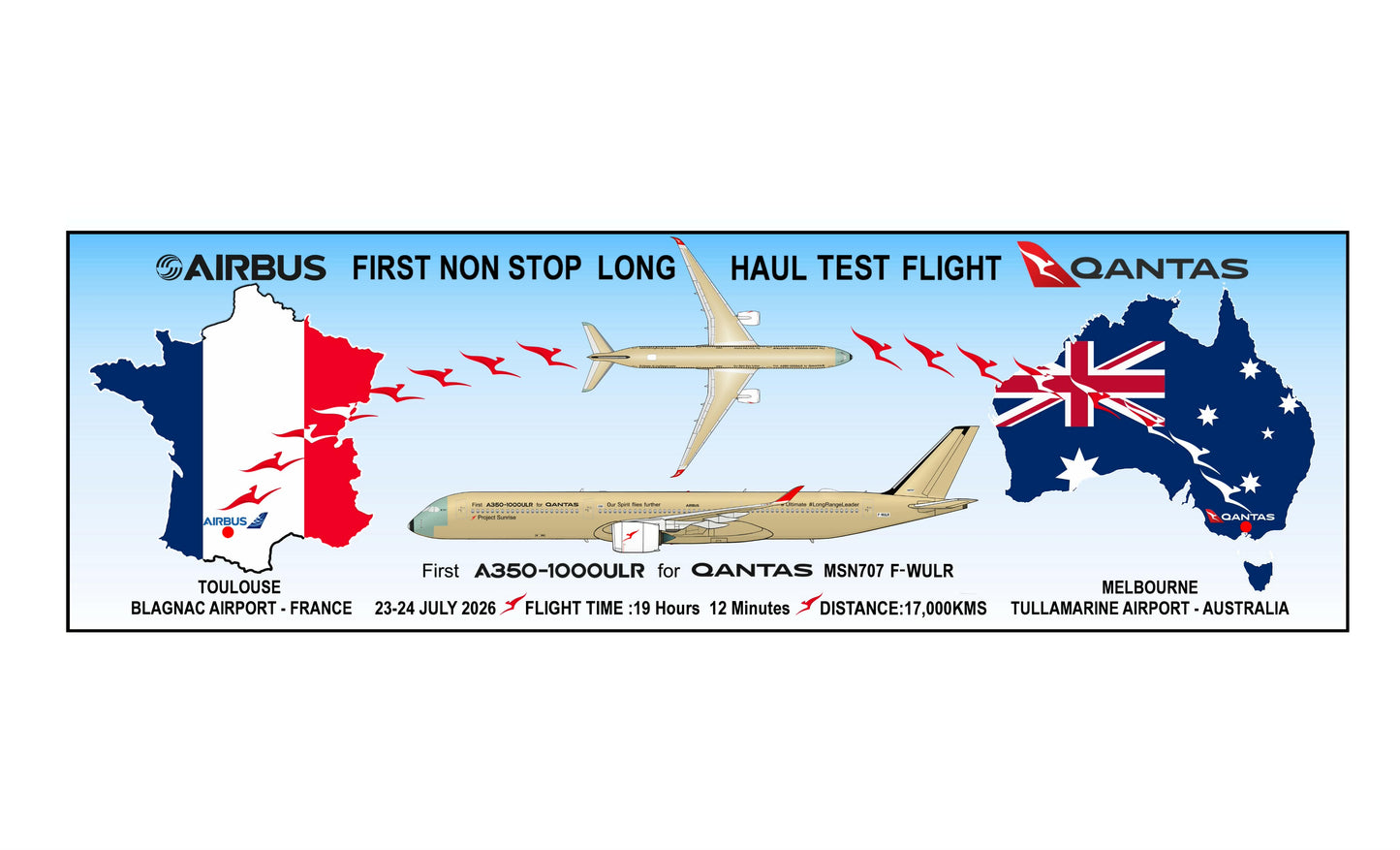 QANTAS Airbus A350-1000 ULR “First non stop long haul test flight Project Sunrise” complete with flight details, 20cm rectangular sticker.