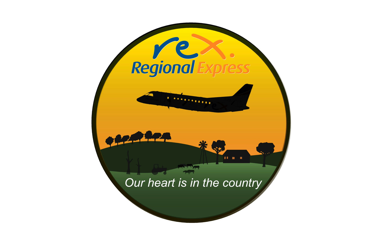 REX SAAB 340 country scene "Our heart is in the country" 10cm round profile sticker.