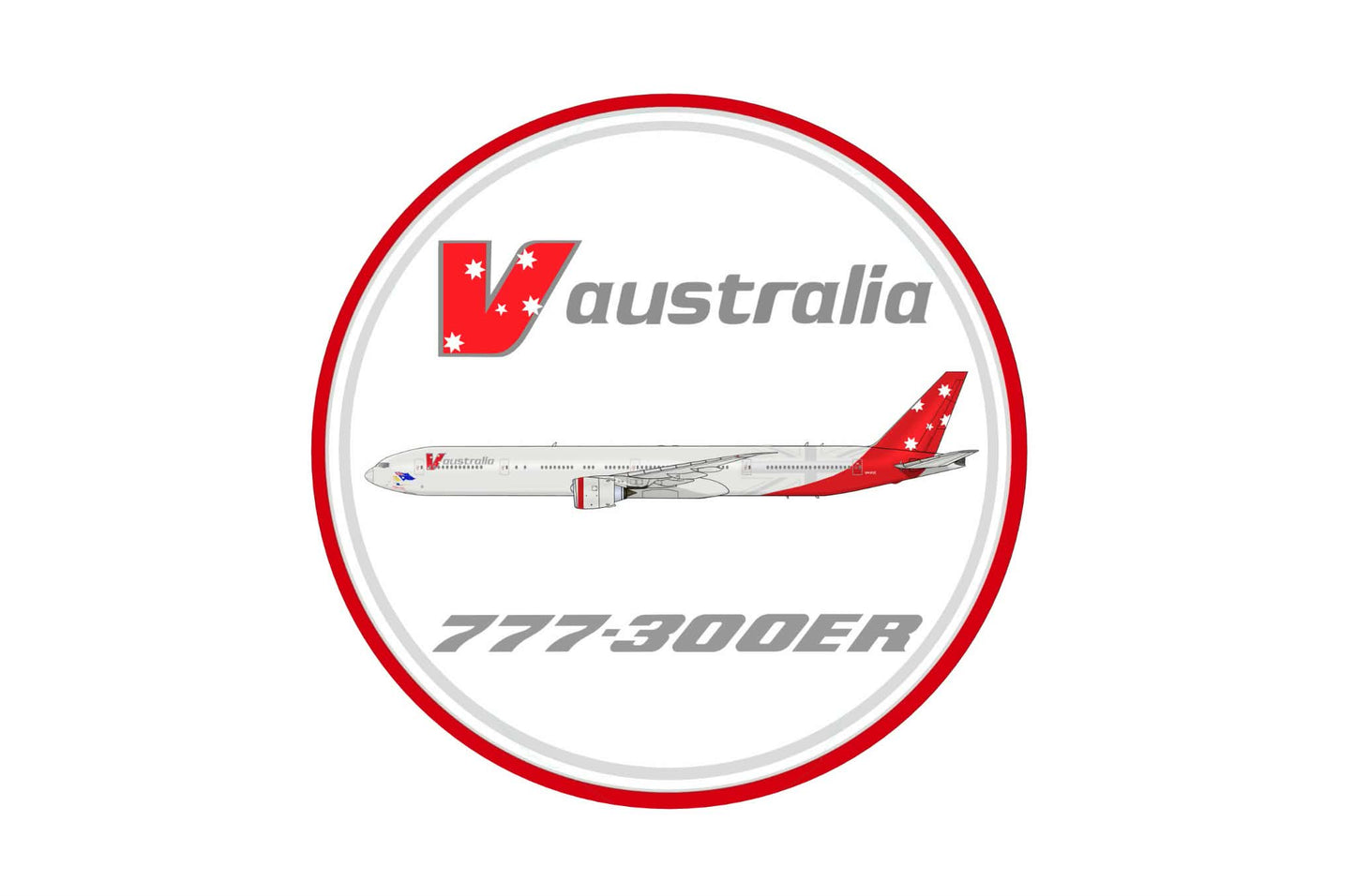 V Australia Boeing 777-300ER 9cm round sticker.