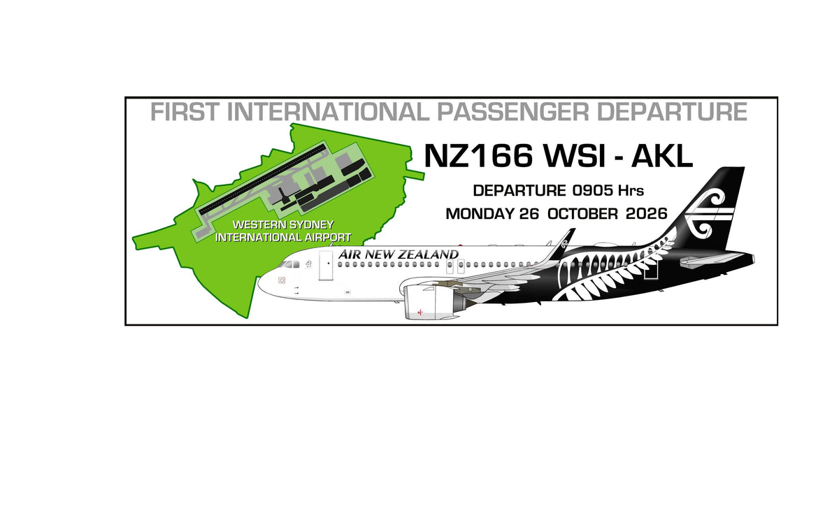 YSWS Western Sydney International Airport First International passenger departure Air New Zealand NZ166 WSI-AKL 26/10/26 20cm sticker.