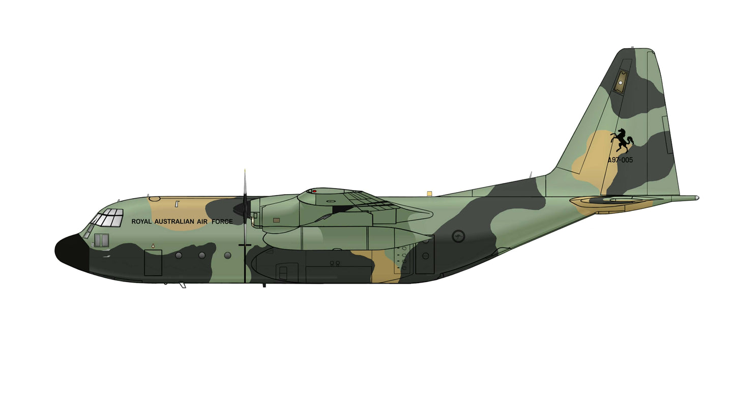 RAAF C-130H Hercules A97-005 36SQN 90’s standard 3 tone camo scheme. 20cm side profile sticker.