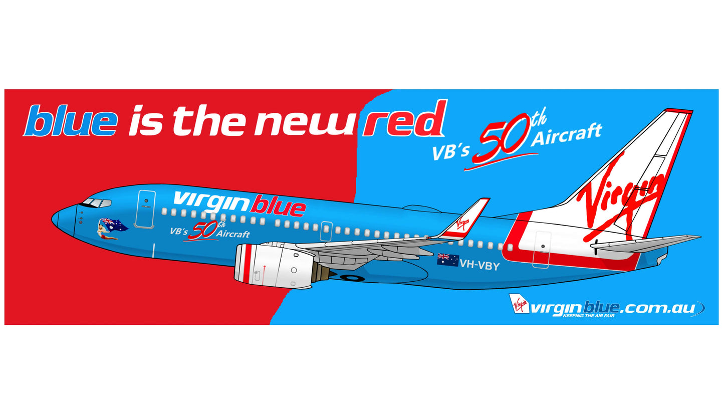 Virgin Blue “ Blue is the new red” Boeing 737-700 VH-VBY 50th aircraft 25cm long sticker.