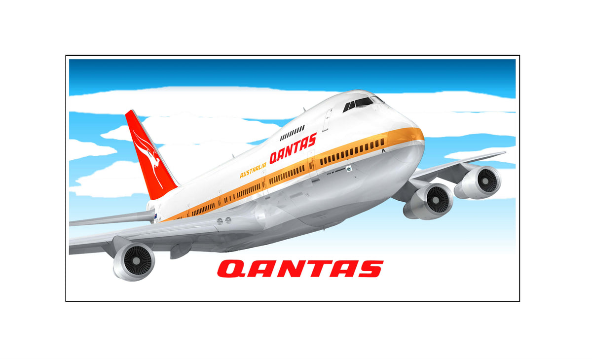 QANTAS Boeing 747-200B VH-EBA blue background 20cm rectangular sticker.