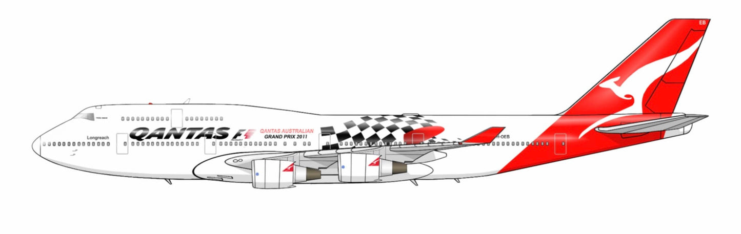 QANTAS Boeing 747-400 VH-OEB Melbourne Formula 1 Grand Prix 2011 livery 20cm side profile sticker.