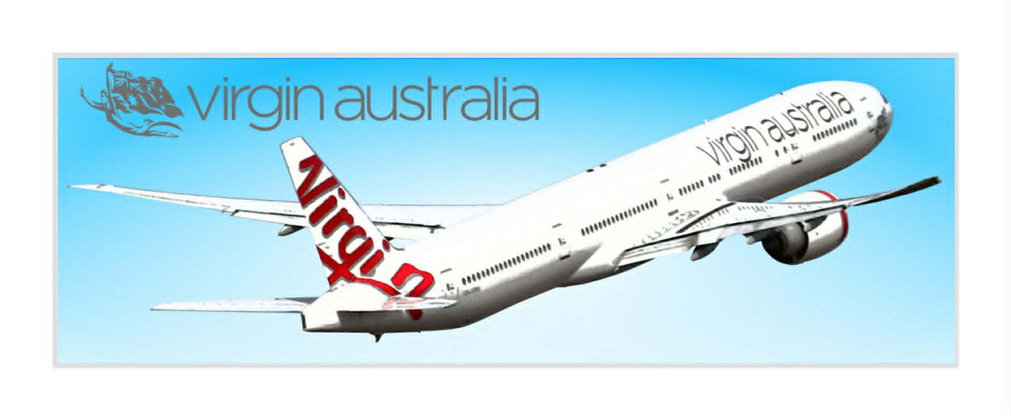 Virgin Australia 777-300ER taking off PVC profile sign.