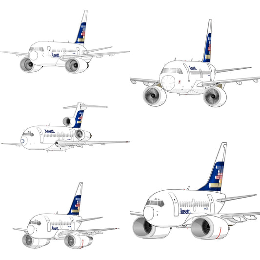 Ansett set of 5 Shooting Stars livery 14cm caricature stickers, B767, B727, B737-200, B737-300, A320