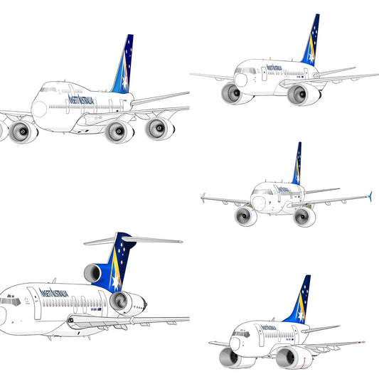 Ansett Australia set of 5 Starmark livery 14cm caricature stickers, B747, B767, B727, B737, A320
