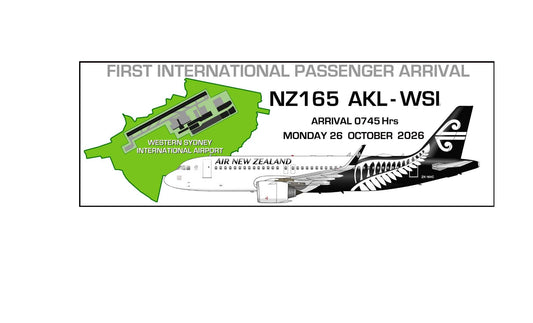YSWS Western Sydney International Airport First International passenger arrival Air New Zealand NZ165 AKL-WSI 26/10/26 20cm sticker.