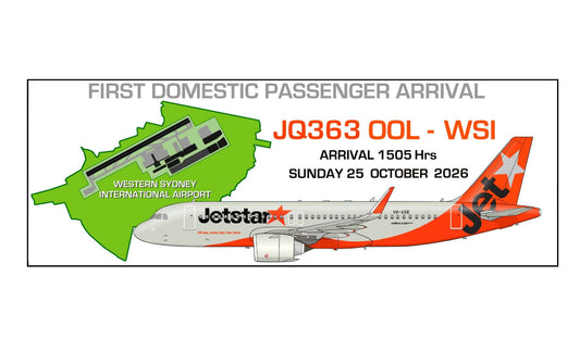 YSWS Western Sydney International Airport First Domestic passenger arrival Jetstar JQ363 OOL-WSI 25/10/26 20cm sticker.