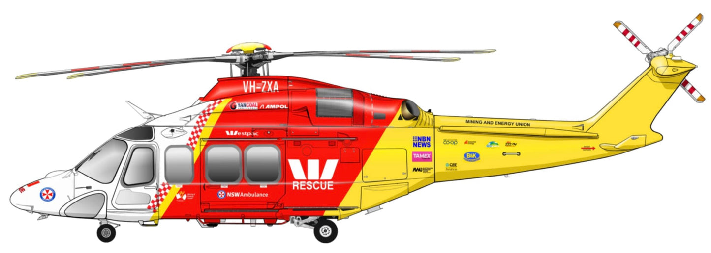 Westpac Rescue AW139 VH-ZXA Helicopter 20cm side profile sticker.
