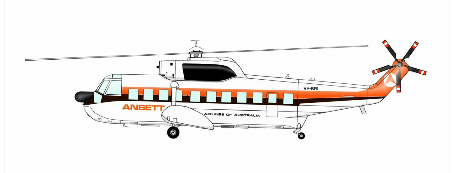 Ansett Sikorsky S61N Helicopter VH-BRI 1970s Delta livery 20cm side profile sticker.