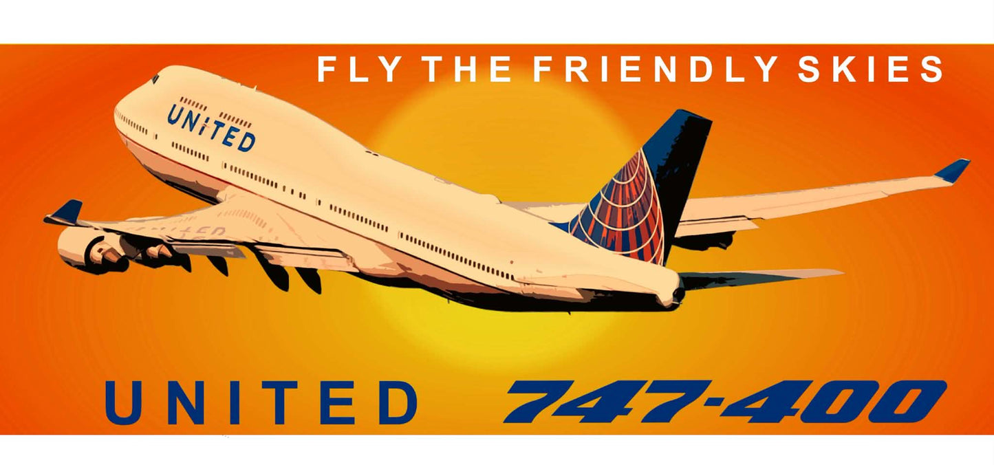United Airlines Boeing 747-400 merger scheme taking off  PVC profile sign.