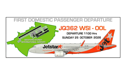 YSWS Western Sydney International Airport First Domestic passenger departure Jetstar JQ362 WSI-OOL 25/10/26 20cm sticker.