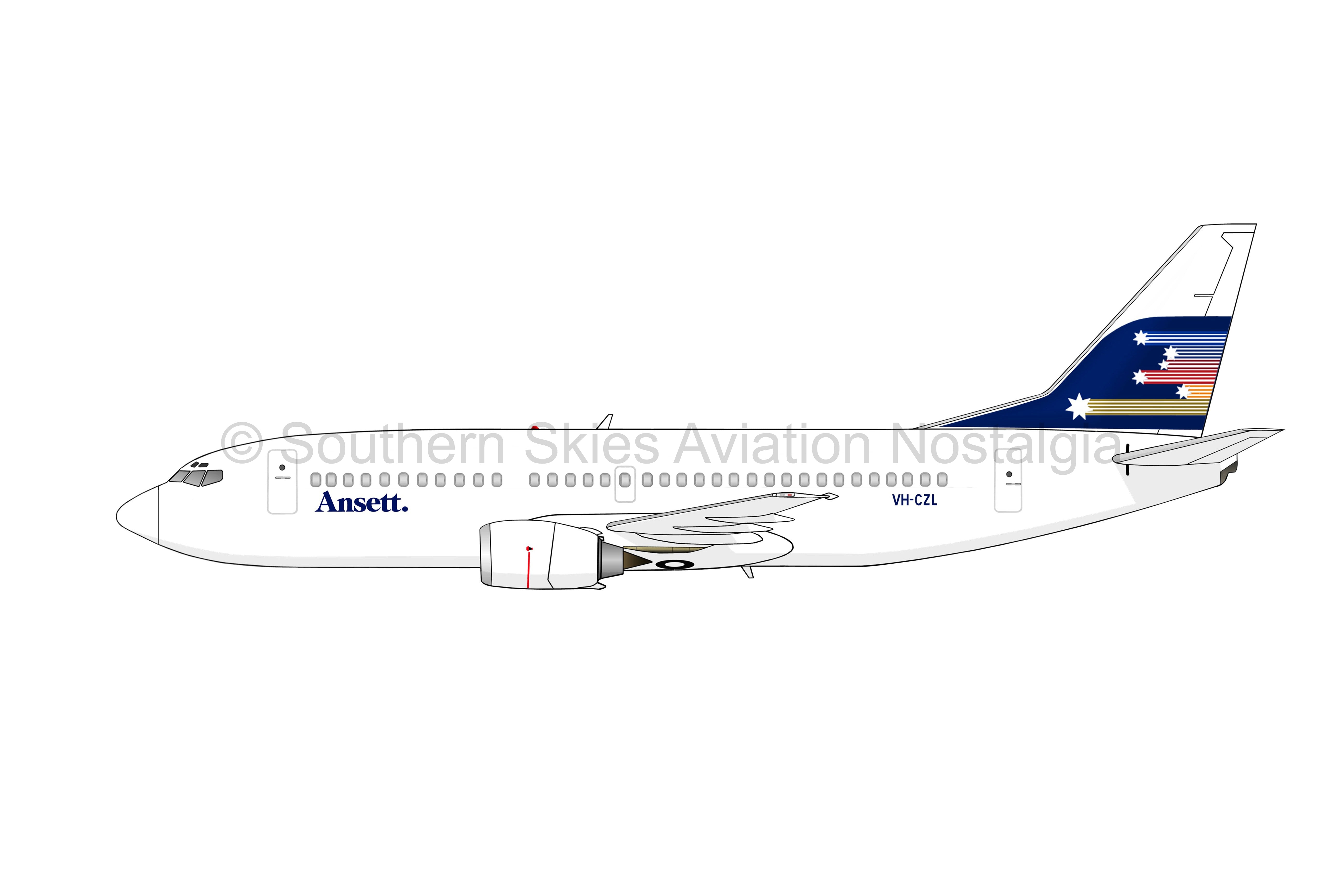 Ansett Boeing 737-377 VH-CZL 1980s Shooting Stars livery PVC side prof ...