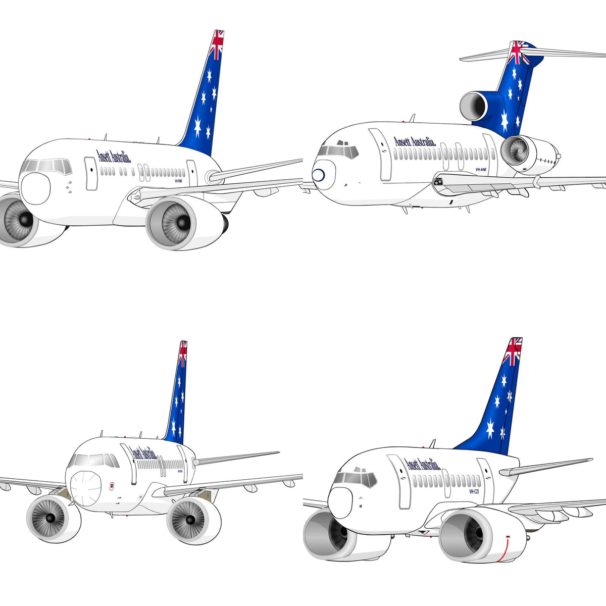Ansett Australia set of 4 Flag livery 14cm caricature stickers, B767, B727, B737, A320