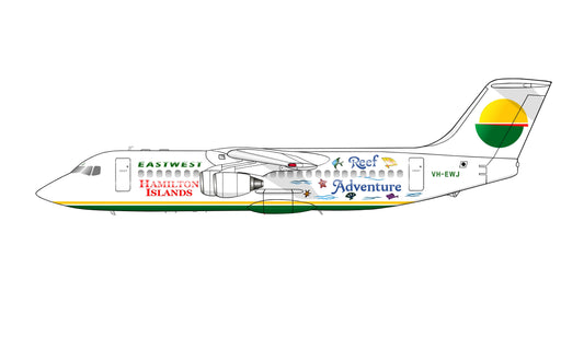 East-West Airlines Fokker BAe 146 VH-EWJ Hamilton Island 20cm side profile sticker.