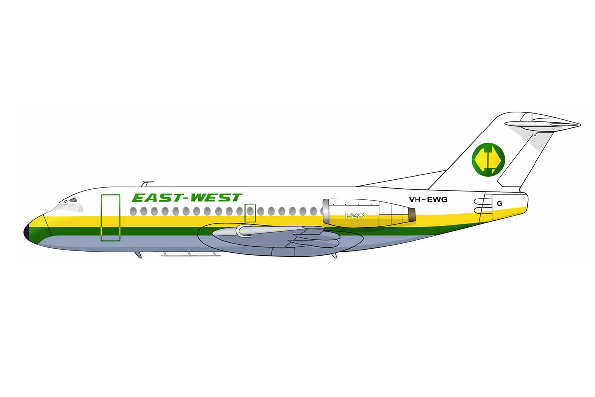 East-West Airlines Fokker F28-3000 VH-EWG 20cm side profile sticker.