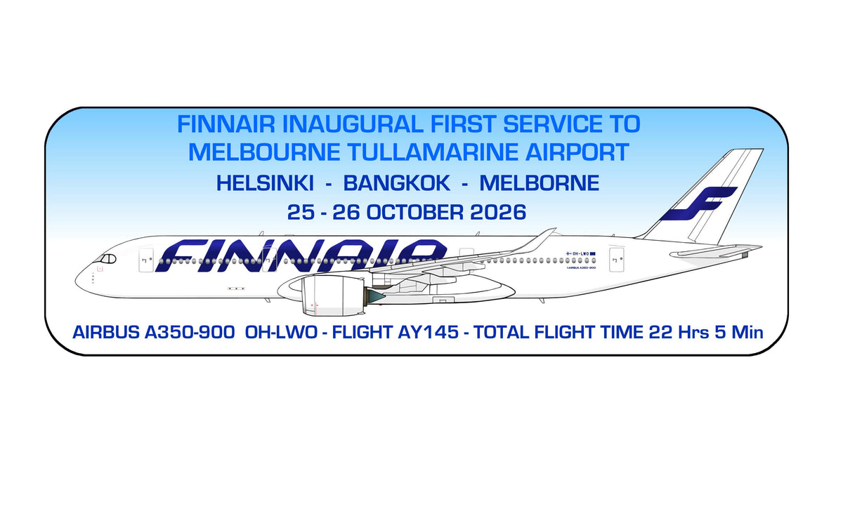 Finnair Inaugural First Service to Melbourne Tullamarine Airport Airbus A350-900 Helsinki - Bangkok - Melbourne 25-26 Oct 2026 20cm sticker.