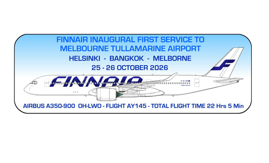 Finnair Inaugural First Service to Melbourne Tullamarine Airport Airbus A350-900 Helsinki - Bangkok - Melbourne 25-26 Oct 2026 20cm sticker.