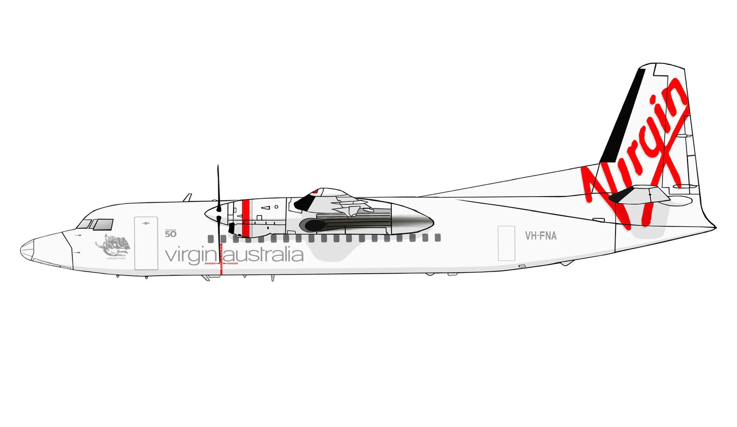 Virgin Australia Fokker 50 VH-FNA 20cm side profile sticker.