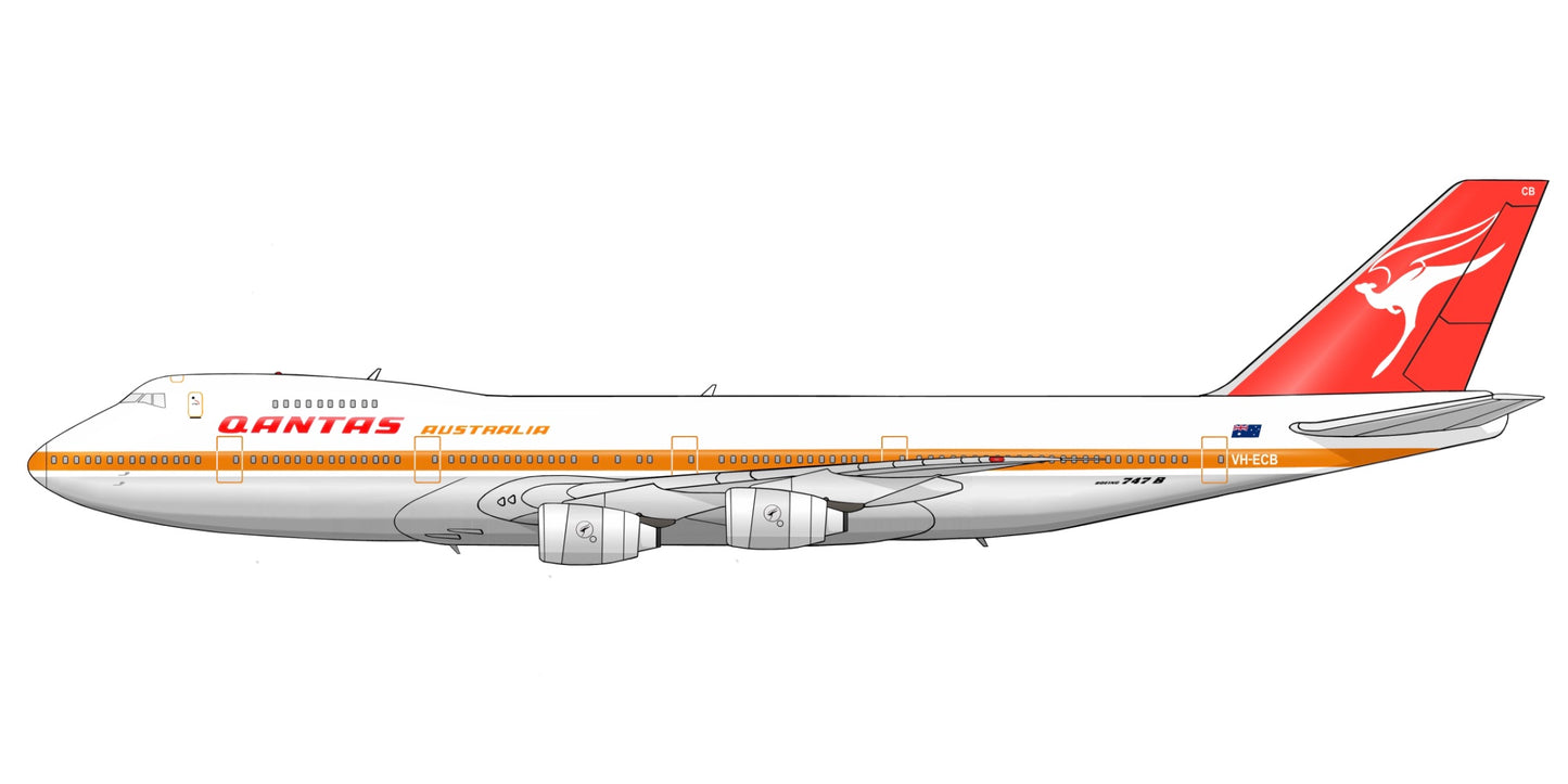QANTAS Boeing 747-200 VH-ECB 1970s new artwork ochre livery PVC side profile cutout.