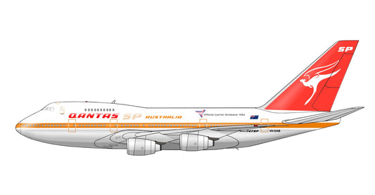 QANTAS Boeing 747SP VH-EAB Brisbane Commonwealth Games 1982 New artwork PVC side profile cutout.